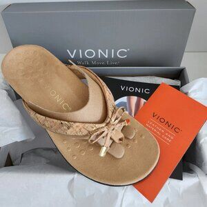 NIB Women Vionic Bow Thong Sandals Color Gold Cork